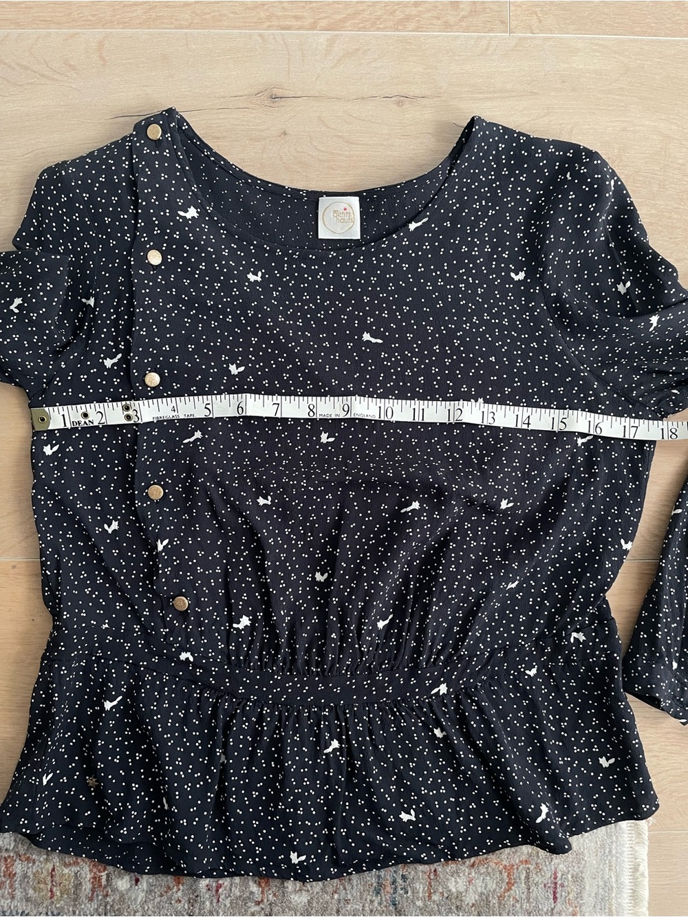 DES PETITS HAUTS Black Long Sleeve Peplum Button Top with White Micro Print - Picture 14 of 15